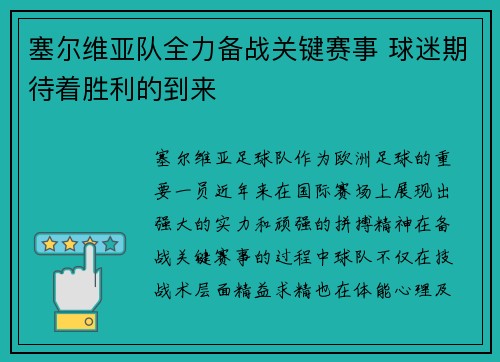 塞尔维亚队全力备战关键赛事 球迷期待着胜利的到来